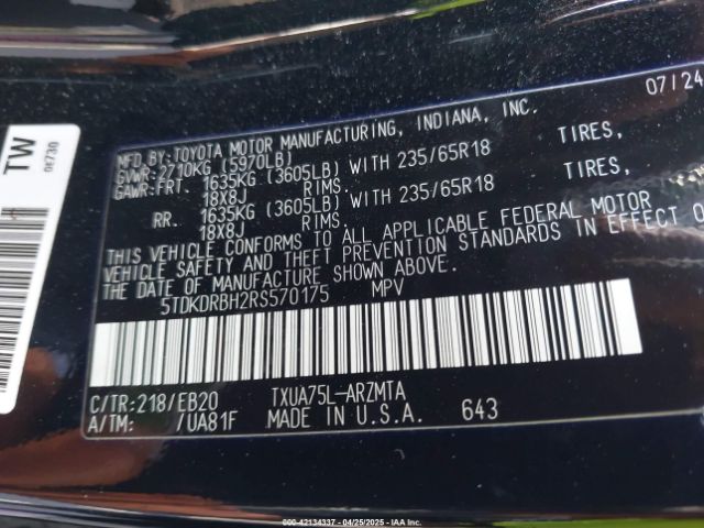 5TDKDRBH2RS570175 Toyota Highlander Xle