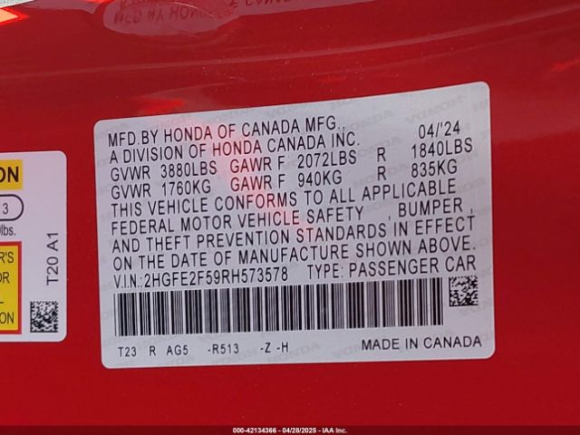 2024 HONDA CIVIC 2HGFE2F59RH573578 Photo 8
