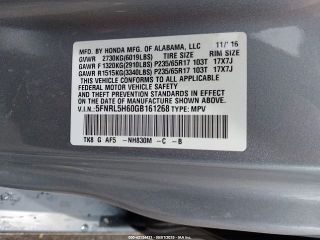 5FNRL5H60GB161268 Honda j35z8