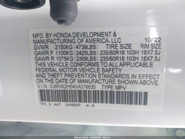 5J6RW2H54NA016635 Honda Cr-v Awd Ex