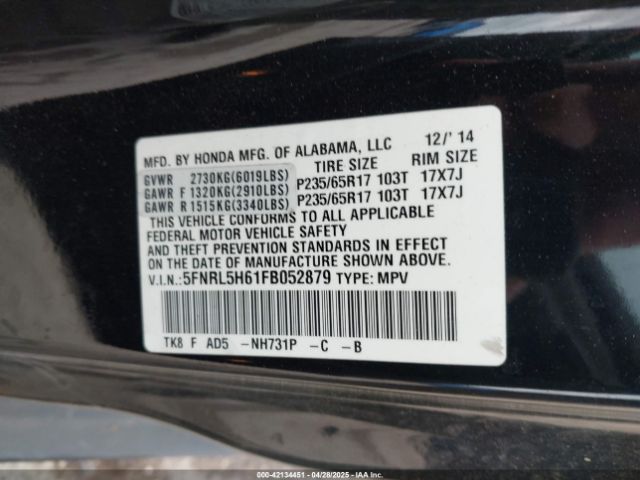5FNRL5H61FB052879 Honda Odyssey Ex-l