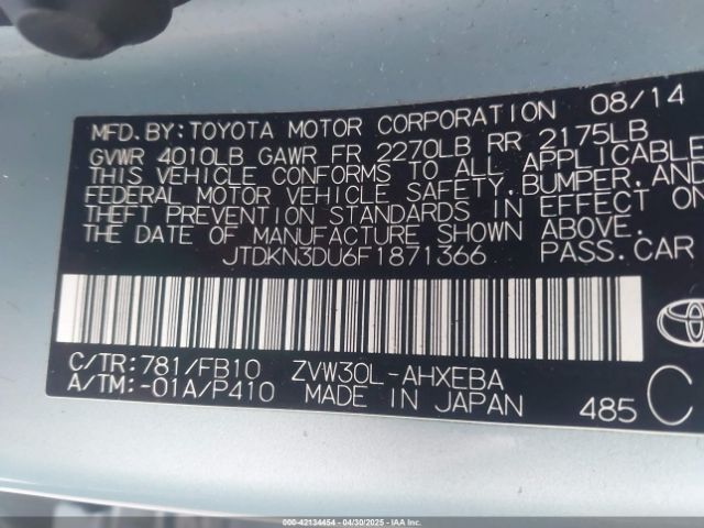JTDKN3DU6F1871366 Toyota Prius Three