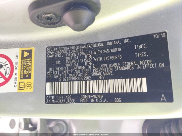 5TDZZRFH8KS362902 Toyota Highlander Le Plus