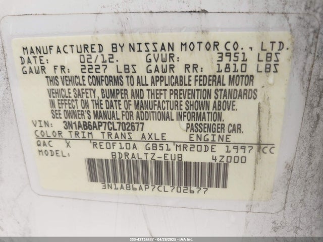 Продаж на аукціоні авто 2012 Nissan Sentra 2.0 S, vin: 3N1AB6AP7CL702677, номер лоту: 42134487