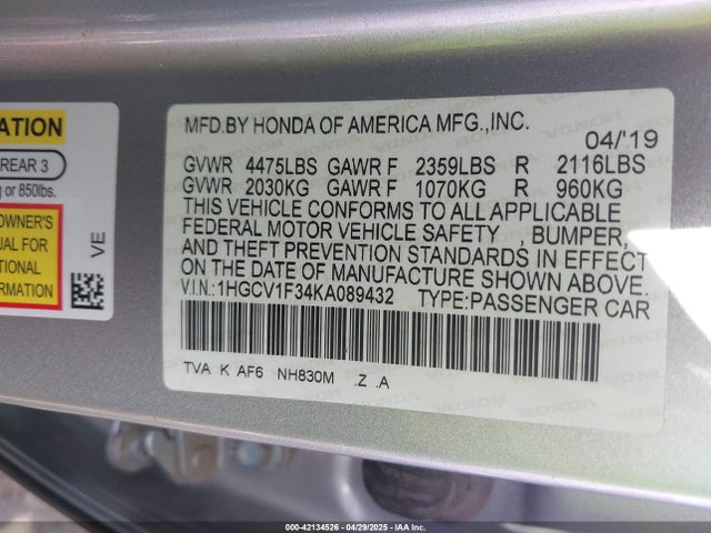 1HGCV1F34KA089432 Honda Accord Sport
