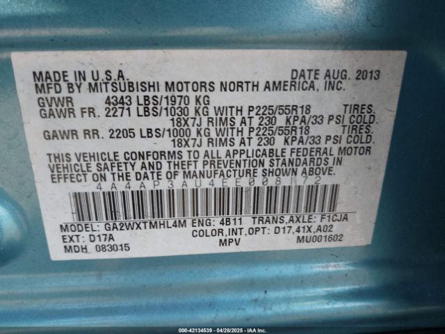4A4AP3AU4EE008172 Mitsubishi Outlander Sport Es