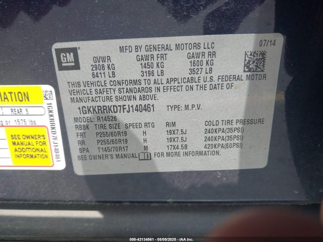 1GKKRRKD7FJ140461 GMC Acadia Slt-1