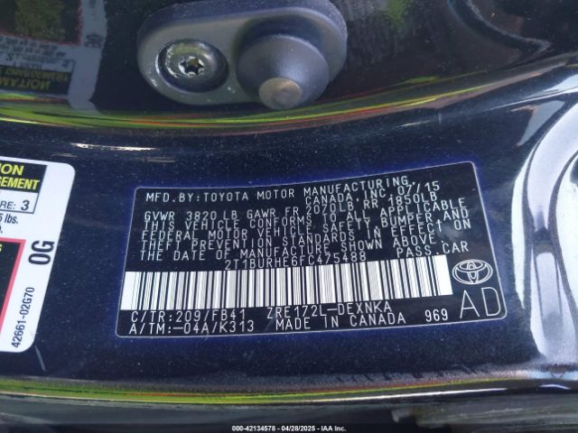 2T1BURHE6FC475488 Toyota COROLLA LE