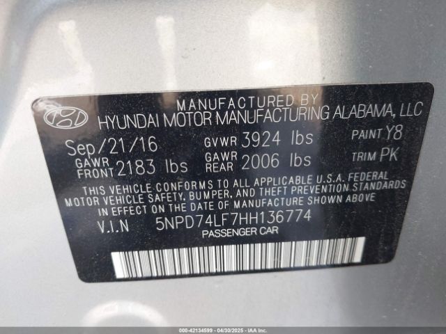 5NPD74LF7HH136774 Hyundai ELANTRA SE
