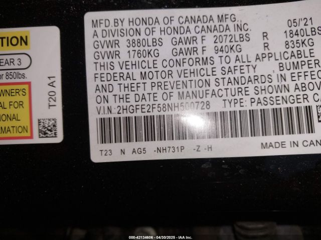 2HGFE2F58NH500728 Honda k20c2
