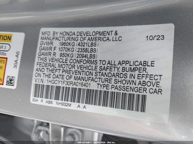 1HGCY1F30RA016401 Honda ACCORD EX
