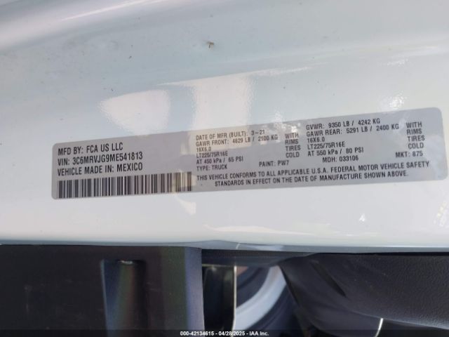 3C6MRVJG9ME541813 RAM Promaster 3500 Cargo Van High Roof 159 Wb Ext
