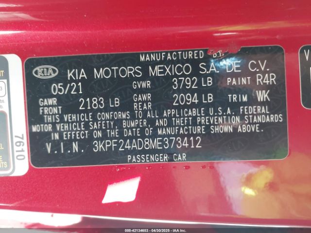 3KPF24AD8ME373412 KIA Forte Lxs