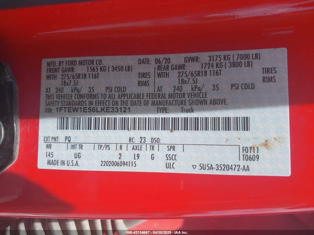 Ford 5.0l 4v 2020 1FTEW1E56LKE33121 Image 9