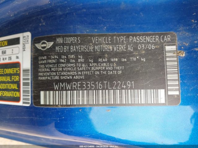 2006 MINI COOPER S WMWRE33516TL22491 Photo 8