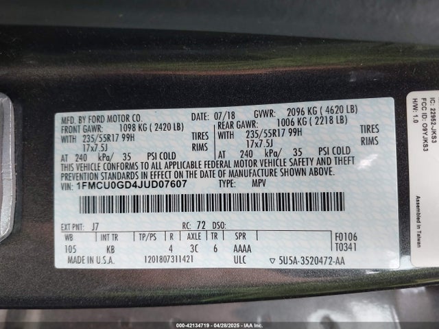 1FMCU0GD4JUD07607 Ford ESCAPE SE
