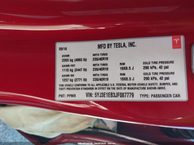 5YJ3E1EB3JF087779 Tesla Model 3 Long Range/performance