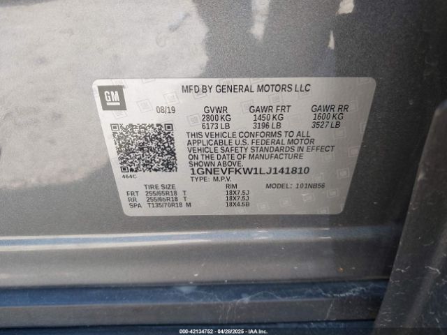 1GNEVFKW1LJ141810 Chevrolet Traverse Awd Ls