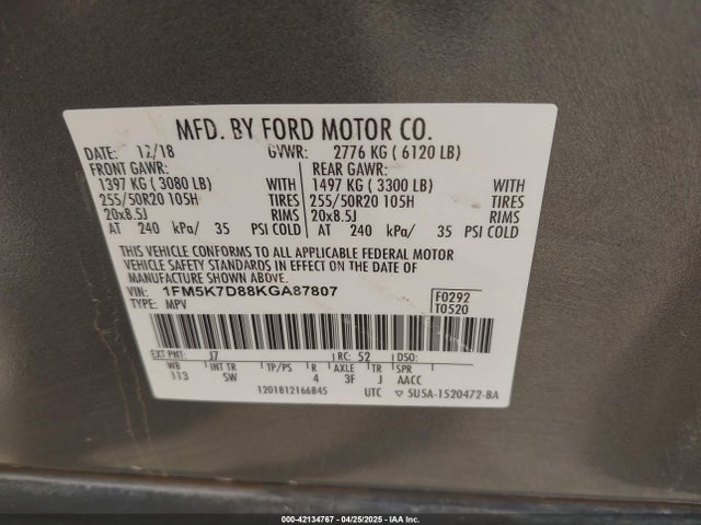 1FM5K7D88KGA87807 Ford EXPLORER XLT