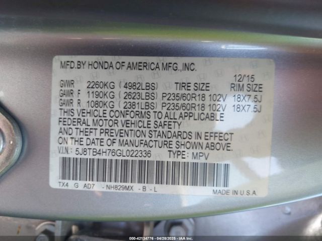 5J8TB4H76GL022336 Acura Rdx Advance Package