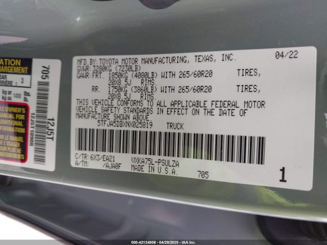 5TFJA5DBXNX025819 Toyota Tundra Limited