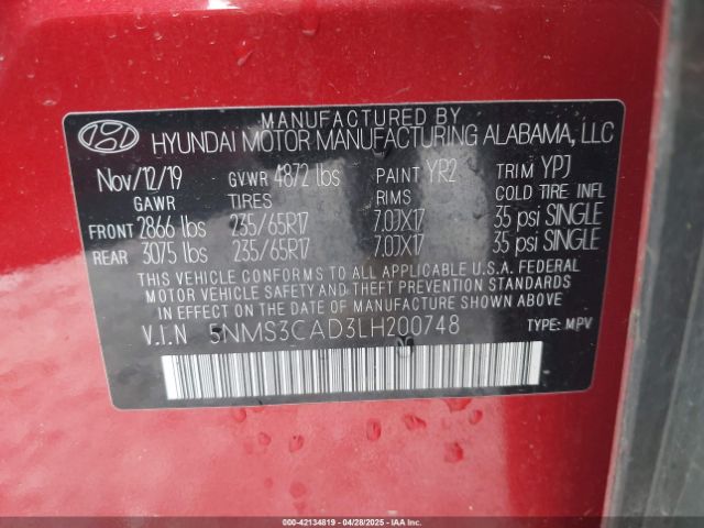 5NMS3CAD3LH200748 Hyundai Santa Fe Sel