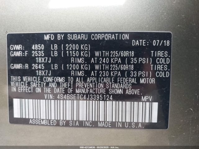 4S4BSETC4J3395124 Subaru Outback 3.6r Touring