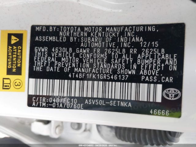 4T4BF1FK1GR546137 Toyota CAMRY LE