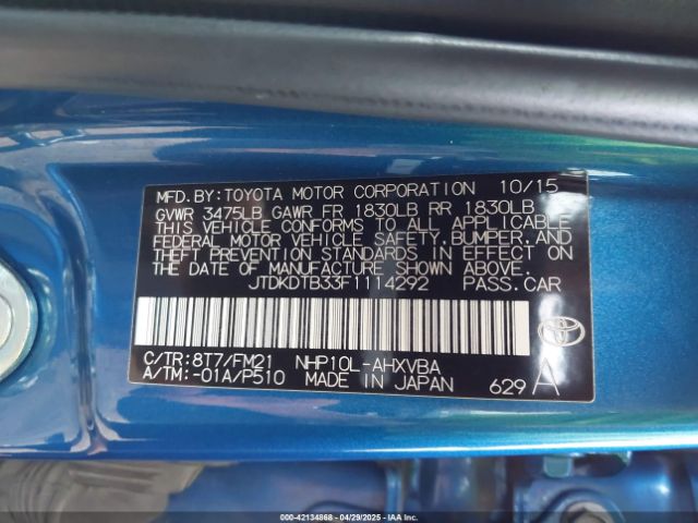 JTDKDTB33F1114292 Toyota Prius C Two