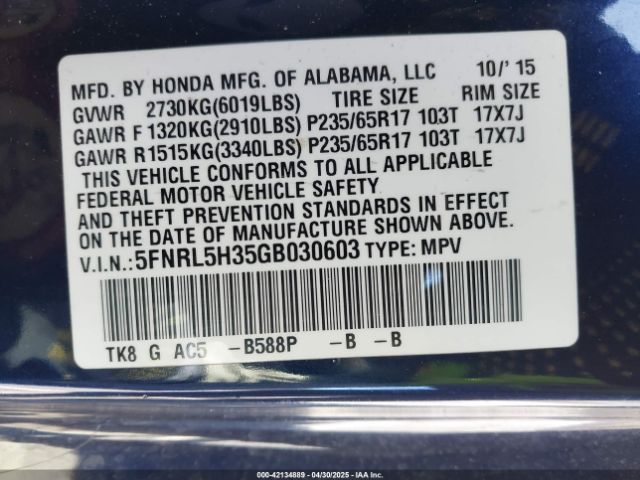 5FNRL5H35GB030603 Honda ODYSSEY SE