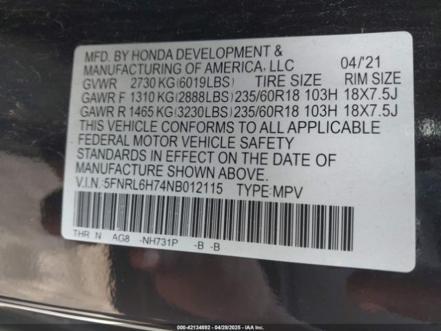 5FNRL6H74NB012115 Honda j35y7