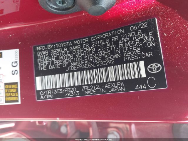 JTDEPMAE8NJ230292 Toyota COROLLA LE