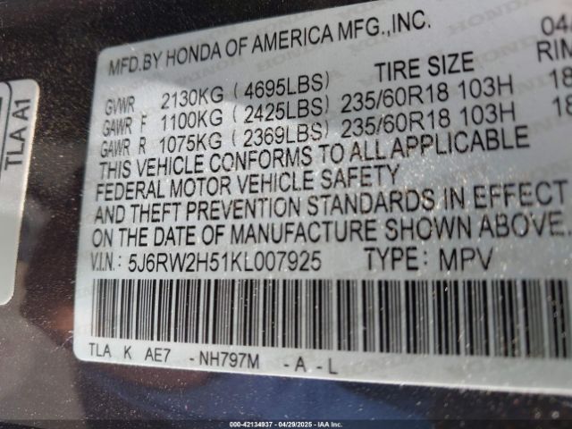 2019 HONDA CR-V 5J6RW2H51KL007925 Photo 8