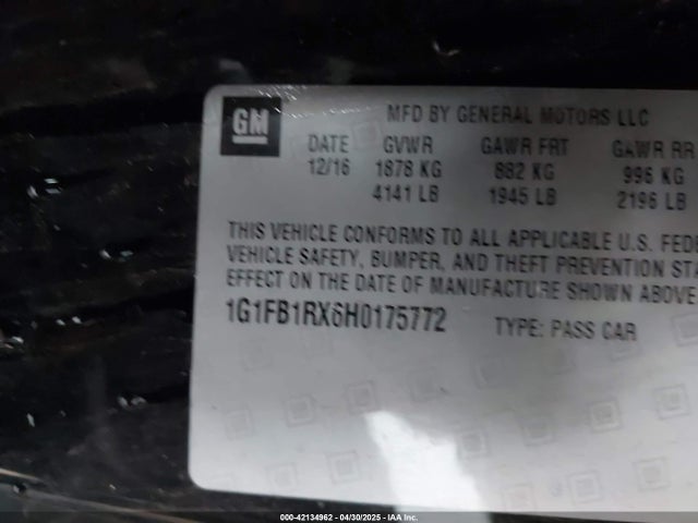 1G1FB1RX6H0175772 Chevrolet Camaro 1lt