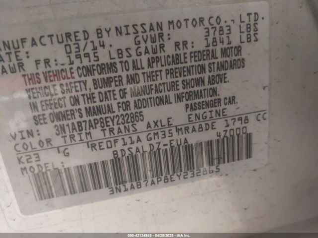 3N1AB7AP8EY232865 Nissan Sentra Fe+ S/fe+ Sv/s/sl/sr/sv