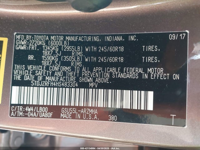 5TDJZRFH4HS483304 Toyota Highlander Xle