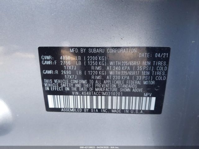4S4BTACC1M3210201 Subaru Outback Premium