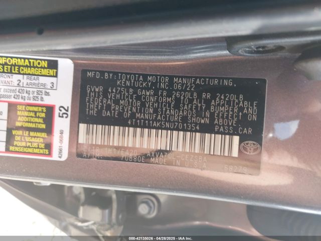 4T1T11AK5NU701354 Toyota CAMRY SE