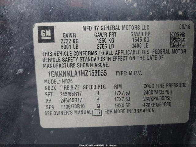 1GKKNKLA1HZ153055 GMC Acadia Sle-1