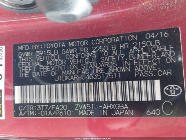 JTDKARFU4G3517511 Toyota Prius Three