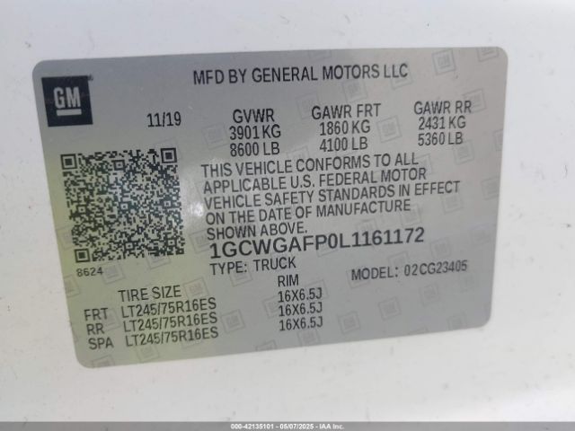 1GCWGAFP0L1161172 Chevrolet Express Cargo Rwd 2500 Regular Wheelbase Wt
