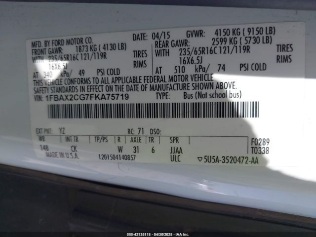 1FBAX2CG7FKA75719 Ford Transit-350 Xlt