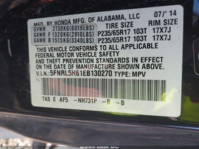 5FNRL5H61EB130270 Honda Odyssey Ex-l