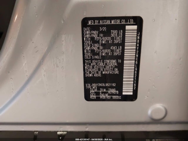 JN8AY2NC6L9621162 Nissan Armada Sl 4wd