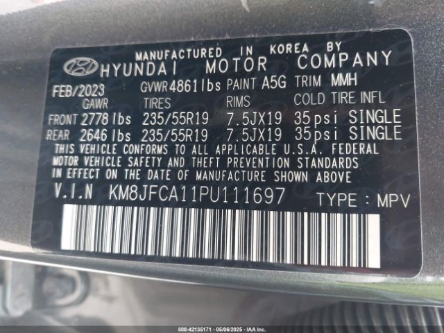 KM8JFCA11PU111697 Hyundai Tucson Hybrid Sel Convenience