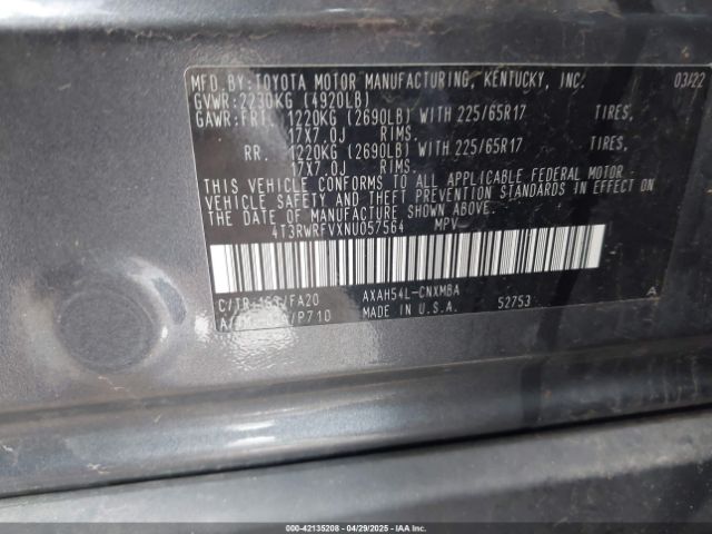 4T3RWRFVXNU057564 Toyota Rav4 Hybrid Xle