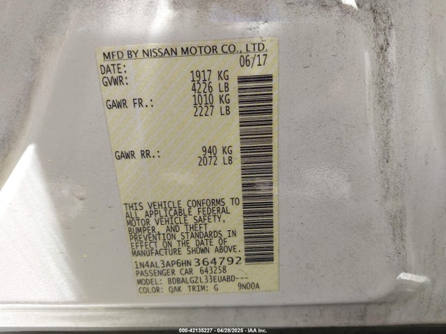 1N4AL3AP6HN364792 Nissan Altima 2.5 S
