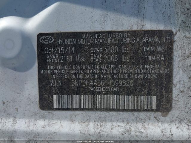 5NPDH4AE6FH599820 Hyundai ELANTRA SE