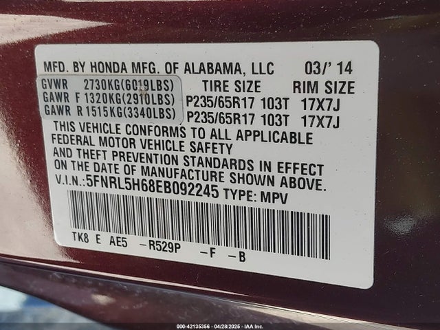 5FNRL5H68EB092245 Honda Odyssey Ex-l