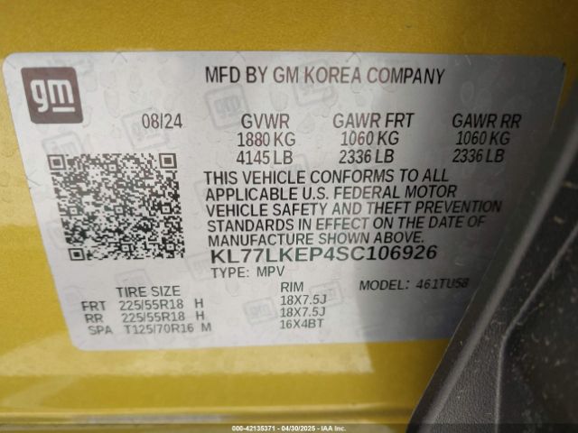 KL77LKEP4SC106926 Chevrolet Trax Fwd Activ